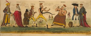 El boxeador prusiano y sus aliados intentando domar a la imperial Kate, o, el estado de los bursiers europeos, 1791 (grabado a mano coloreado) de English School
