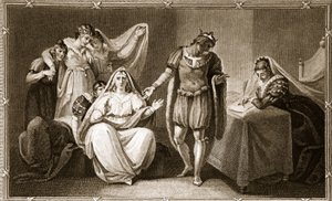 La reina viuda poniéndose ella y sus hijas bajo la protección de Ricardo III, ilustración de La Historia de Inglaterra de David Hume, pub. por R. Bowyer, Londres, 1812 de English School