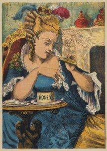 La Reina en su salón (litografía en color) de English School