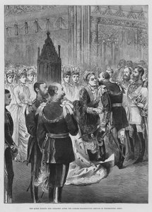 La Reina besando a sus Hijos después del Servicio de Acción de Gracias del Jubileo en la Abadía de Westminster (grabado) de English School