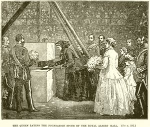 La Reina colocando la primera piedra del Royal Albert Hall de English School