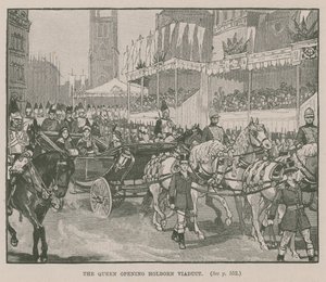 La Reina inaugurando el Viaducto de Holborn, Londres de English School