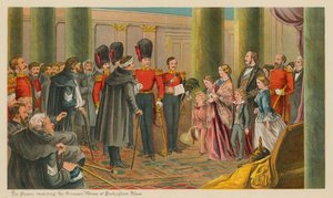 La reina recibiendo a los héroes de Crimea en el Palacio de Buckingham de English School