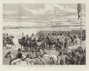 La Reina revisando la guarnición de Aldershot en el Valle Largo de English School