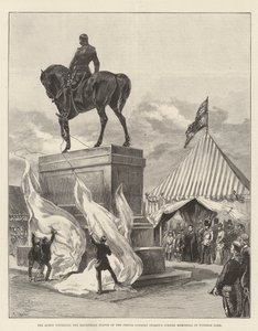 La Reina develando la Estatua Ecuestre del Príncipe Consorte (Memorial del Jubileo de las Mujeres) en el Parque de Windsor de English School