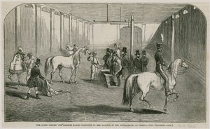 La Reina viendo los caballos árabes presentados a Su Majestad, en la casa de equitación en Pimlico de English School