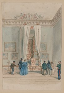 La alcoba de la reina con la cama de estado de la reina Ana, c.1860-70 (acuarela sobre papel) de English School