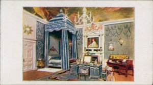 La Casa de Muñecas de la Reina: El dormitorio de la Reina II (litografía en color) de English School