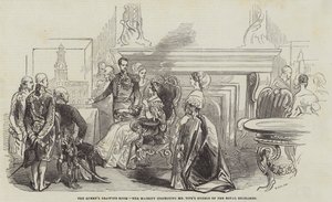 El salón de dibujo de la Reina, Su Majestad inspeccionando los modelos de Mr. Tite del Royal Exchange de English School