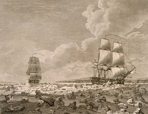 El Racehorse y Carcass forzando a través del hielo, 10 de agosto de 1773, de Un viaje hacia el Polo Norte emprendido por orden de Su Majestad en 1773, publicado en Londres en 1774 de English School