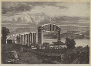 El puente ferroviario en Saltash, I K Brunel, ingeniero (grabado) de English School