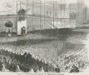 El reverendo Charles Haddon Spurgeon predicando su sermón del Día de la Humillación en el Crystal Palace de English School