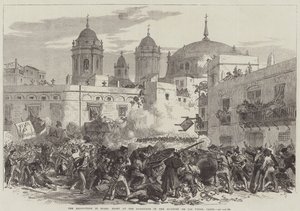 La Revolución en España, Lucha en la Barricada en el Barrio de Los Viñas, Cádiz (grabado) de English School