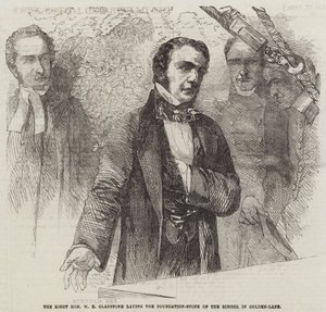 El Muy Honorable W E Gladstone colocando la primera piedra de la escuela en Golden-Lane (grabado) de English School