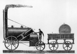 El Cohete, locomotora de vapor diseñada y construida por George y Robert Stephenson en 1829 para el ferrocarril Liverpool-Manchester de English School
