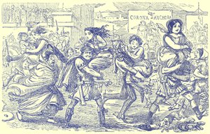 Los romanos llevándose a las mujeres sabinas, ilustración de La Historia Cómica de Roma de Gilbert Abbott a Beckett, publicada c.1850 de English School
