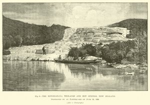 Las terrazas y fuentes termales de Rotomahana, Nueva Zelanda, destruidas por un terremoto el 10 de junio de 1886 de English School