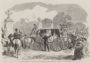 El matrimonio real, el príncipe y la princesa saliendo del Palacio de Buckingham hacia Windsor (grabado) de English School