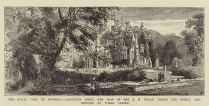 La visita real a Swansea, Singleton Abbey, la residencia de la Sra. J H Vivian, donde se alojaron el Príncipe y la Princesa de Gales (grabado) de English School