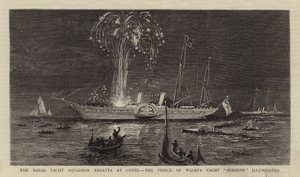 La Regata del Escuadrón Real de Yates en Cowes, el Yate "Osborne" del Príncipe de Gales iluminado (grabado) de English School