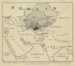 La anexión rusa de Merv, mapa que muestra los avances de Rusia hacia la India en los años 1734, 1836, 1863, 1867, 1874, 1876, 1881, 1884