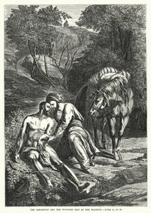 El samaritano y el hombre herido al borde del camino, Lucas X, 30-35 (grabado) de English School