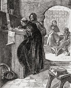El Scriptorium de un Monasterio, del libro La Iglesia de Inglaterra: Una Historia para el Pueblo, publicado c.1910 de English School