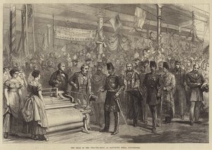 El Shah en la sala de tejido en los molinos de Haworth, Manchester de English School