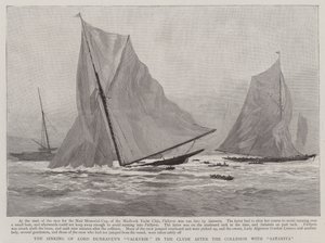 El hundimiento del "Valkyrie" de Lord Dunraven en el Clyde después de la colisión con el "Satanita" de English School
