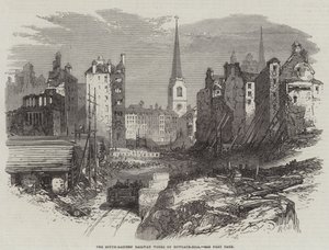 Las obras del ferrocarril del sudeste en Dowgate-Hill (grabado) de English School