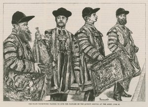 Los trompetistas del Estado esperando para dar la fanfarria a la llegada de la Reina a la Abadía de English School