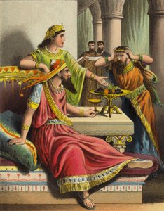La historia de la reina Ester: Ester acusa a Amán (litografía en color) de English School