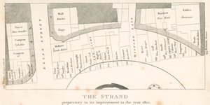 The Strand, Londres, antes de su mejora en el año 1810; plan de la zona