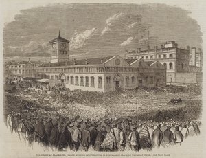 La huelga en Blackburn, gran reunión de operarios en la plaza del mercado el jueves pasado (grabado) de English School