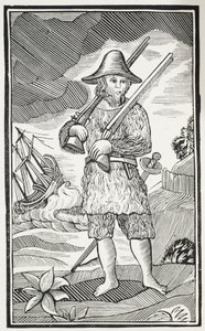 La sorprendente vida y las más extrañas aventuras de Robinson Crusoe de la ciudad de York, marinero, ilustración de Chap-books del siglo XVIII de John Ashton, pub. 1882