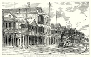 La terminal del ferrocarril de Panamá en Colón (Aspinwall) (grabado) de English School