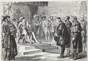 Los tres embajadores protestantes ante el emperador Carlos, ilustración de La Historia del Protestantismo de James Aitken Wylie, pub. 1878 de English School