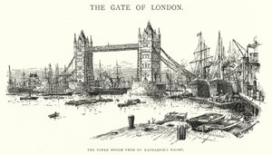 El Puente de la Torre desde el muelle de St Katharine (grabado) de English School