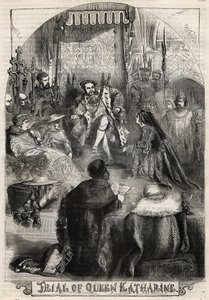 El juicio de la reina Catalina de Aragón en 1529, la primera esposa de Enrique VIII, cuyo matrimonio con el rey fue anulado. Grabado de "History of England" por Cassell Petter & Galpin. de English School