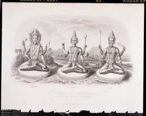 La Trimurti o Trinidad Hindú, grabado por A. Thorn, de Religión Mundial, publicado por A. Fullarton & Co.