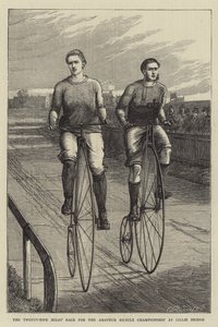 La carrera de veinticinco millas para el campeonato amateur de bicicleta en Lillie Bridge (grabado) de English School