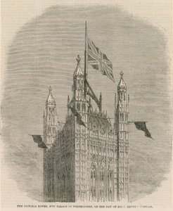 La Torre Victoria, nuevo Palacio de Westminster, en el día del funeral de Sir C Barnet
