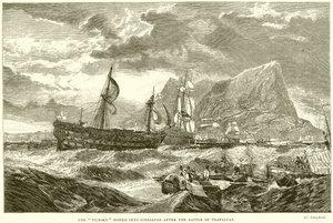La Victoria remolcada a Gibraltar después de la Batalla de Trafalgar