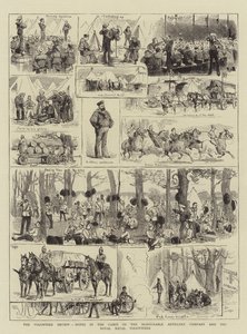 La revisión de los voluntarios, notas en los campamentos de la Compañía de Artillería Honorable y los Voluntarios Navales Reales (grabado)