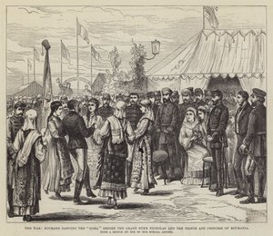 La guerra, los rumanos bailando la "Hora" ante el Gran Duque Nicolás y el Príncipe y la Princesa de Rumania (grabado)