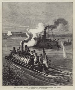 La guerra, cañonera rusa y torpederos luchando con las baterías cerca de Silistria (grabado) de English School