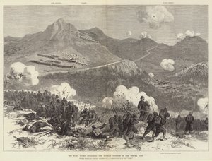 La guerra, turcos atacando la posición rusa en el Paso de Shipka (grabado) de English School