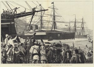 La guerra en Egipto, el barco de vapor Orient, con los Guardias Escoceses, en Port Said, entrando al Canal de Suez hacia Ismailia (grabado) de English School
