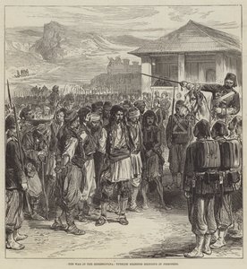 La guerra en Herzegovina, soldados turcos trayendo prisioneros (grabado) de English School