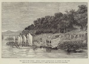 La Guerra en el Sudán, Lugar de Desembarco del General Earle en Hamdab, en el Nilo (grabado) de English School